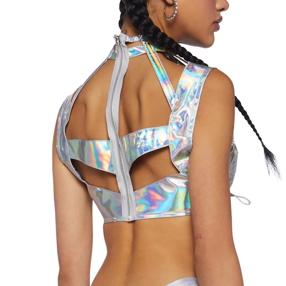 💔SOLD💔 CLUB EXX Rude Awakening Holographic Lace Up Harness Rave Bra Top Silver - Picture 9 of 11